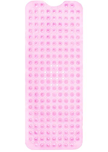 ENKOSI Non-Slip Bath & Shower Mat 40x16 Extra Long, Suction & Drain Holes | Clear Pink look; Durable PVC; 40x16 in, Clear Pink - color: Clear Pink
