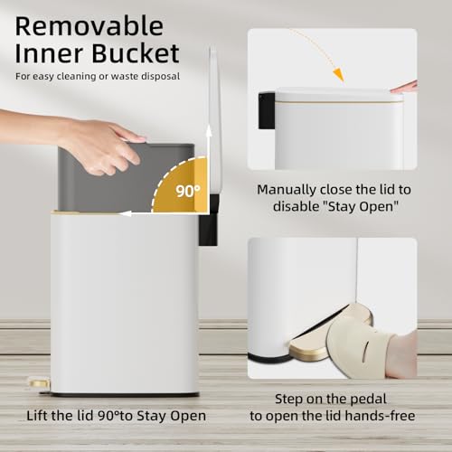 KUK Slim Bathroom Trash Can with Lid, 1.6 Gal / 6L Stainless Steel Small Garbage Bin with Detachable Inner Bucket, Step Pedal, Silent Close, Wastebasket for Toilet, Bedroom, Home, Office (White) - color: Matt White