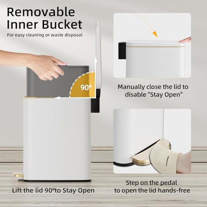 KUK Slim Bathroom Trash Can with Lid, 1.6 Gal / 6L Stainless Steel Small Garbage Bin with Detachable Inner Bucket, Step Pedal, Silent Close, Wastebasket for Toilet, Bedroom, Home, Office (White) - color: Matt White