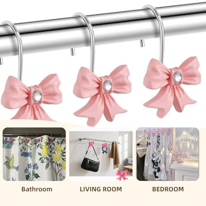 12PCS Decorative Shower Curtain Hooks with Shining Diamond,Rust Resistant Pink Bow Knot Hangers,Cute Shower Curtain Rings Hooks for Home Bathroom Decor Supplies
