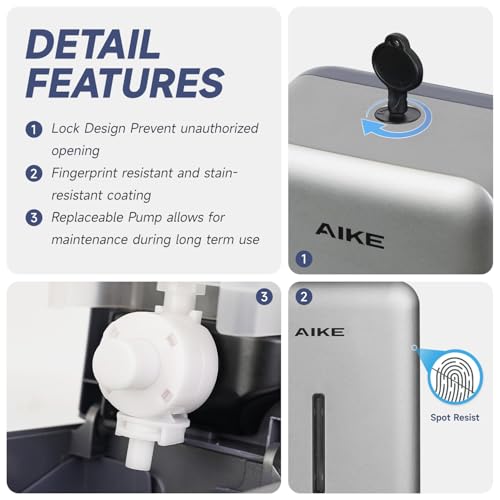AIKE Liquid Commercial Soap Dispenser,27oz for Bathroom Sleek Silver,AK1006 | No-Drill and Screw Dual Wall Mount Install Design for Space-Saving,Easy Push Easy Refill and Large Capacity for Commercial - color: Silver