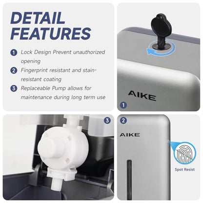 AIKE Liquid Commercial Soap Dispenser,27oz for Bathroom Sleek Silver,AK1006 | No-Drill and Screw Dual Wall Mount Install Design for Space-Saving,Easy Push Easy Refill and Large Capacity for Commercial - color: Silver