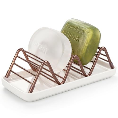 Stainless Steel Soap Dish Draining Soap Holder with Ceramic Tray, Rose Gold | Reversible Design Fits 2-3 Bars, Rustproof, Easy to Clean, Space Saving, Non Slip, for Bathroom, Shower, Kitchen - color: Rose Gold, size: 6.3" x 3.0"(with tray)