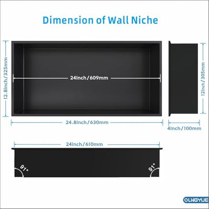 Shower Niche Stainless Steel: No Tile Needed - 24"x12" Recessed Wall Niche Shelf for Bathroom Kitchen Toilet Living Room Storage - Matte Black - color: Matte Black