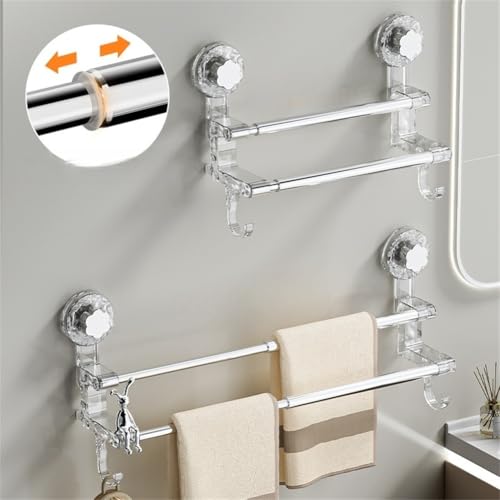 Adjustable Suction Cup Towel Bar, 19-31 Inch Double Towel Rack for Shower Bathroom, No Drill Removable Wall Mount Holder for Tiles Glass Mirror, Strong Grip Stainless Steel and PC(Gray)