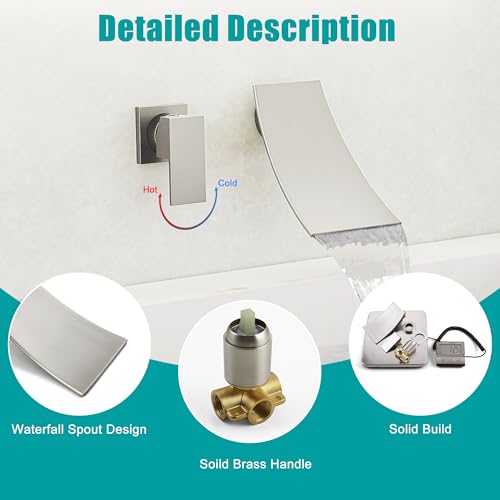 SKOWLL Wall Mount Bathroom Faucet, Brushed Nickel Bathtub Waterfall Sink Faucets, Single Handle Bathroom Lavatory Faucet - color: Brushed Nickel