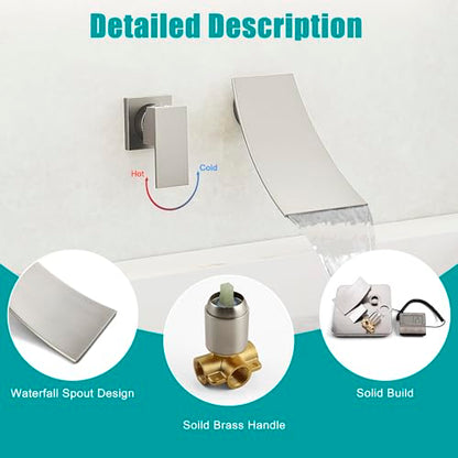 SKOWLL Wall Mount Bathroom Faucet, Brushed Nickel Bathtub Waterfall Sink Faucets, Single Handle Bathroom Lavatory Faucet - color: Brushed Nickel