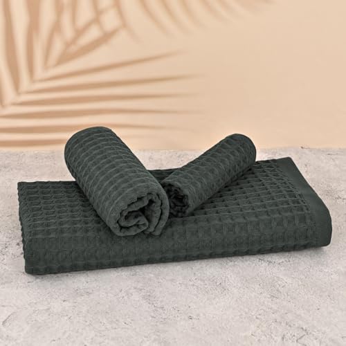 12 Piece Dark Green Waffle Bath Towel Set, 100% Cotton | Bathroom Towel Set, Highly Absorbent and Quick Dry, Soft Waffle Weave Towel, for Bathroom, Hotel, Spa, Gym Daily Use