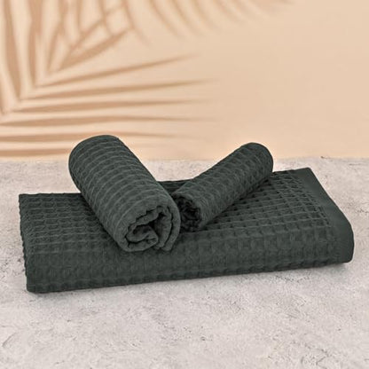 12 Piece Dark Green Waffle Bath Towel Set, 100% Cotton | Bathroom Towel Set, Highly Absorbent and Quick Dry, Soft Waffle Weave Towel, for Bathroom, Hotel, Spa, Gym Daily Use