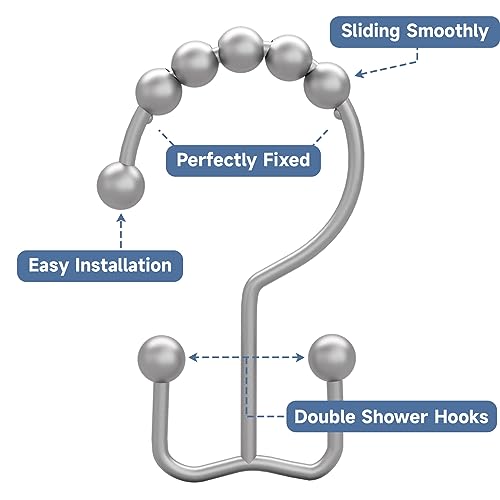 Shower Curtain Hooks Rings, Rust-Resistant Metal Double Glide Shower Hooks for Bathroom Shower Rods Curtains, Set of 12 Hooks - Space Silver - color: Space Silver