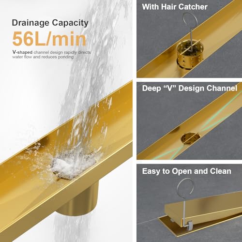 Linear Shower Drain - 12 Inch Brushed Gold, with Tile Insert Panels | AISI 304 Stainless Steel Shower Drain with Adjustable Feet, Hair Catcher, Rectangle Shower Floor Drain Fits Bathroom, Balcony - color: Brushed Gold, size: 12 Inch