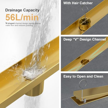 Linear Shower Drain - 28 Inch Brushed Gold, with Tile Insert Panels | AISI 304 Stainless Steel Shower Drain with Adjustable Feet, Hair Catcher, Rectangle Shower Floor Drain Fits Bathroom, Balcony - color: Brushed Gold, size: 28 Inch