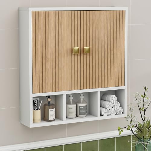 Bathroom Wall Cabinet,Wooden Medicine Cabinet with Fluted Doors Over The Toilet Storage Cabinet with Adjustable Shelf for Bathroom,White - color: White-wood Block