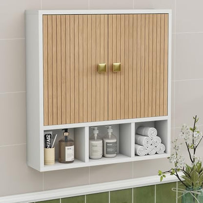 Bathroom Wall Cabinet,Wooden Medicine Cabinet with Fluted Doors Over The Toilet Storage Cabinet with Adjustable Shelf for Bathroom,White - color: White-wood Block