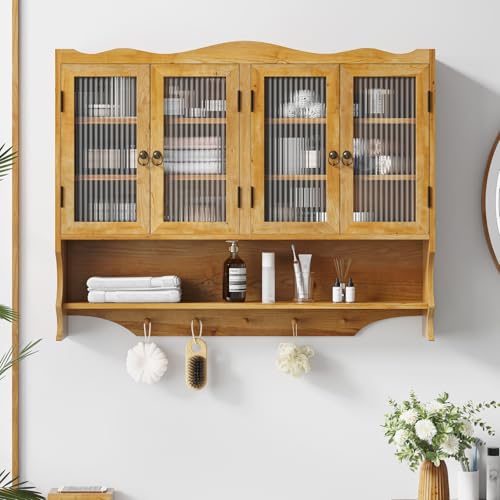 KEIKI 39.37" L Wall Mounted Kitchen Sideboard Cabinet with 4 Glass Door, 5 Hook Rack, 4 Layers Shelves, Retro Storage Buffet Medicine Cabinet for Bathroom, Dining Rooms, Entryway, Solid Wood, Natural - color: Natural, size: Large