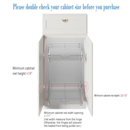 DINDON 2 Tier Pull Out Cabinet Organizer (11" W X 21" D), Double Tier Wire Basket Slide Out Shelf Storage for Kitchen Base Cabinet Organization for Kitchen, Pantry, Bathroom, Chrome - size: 11" W X 21" D