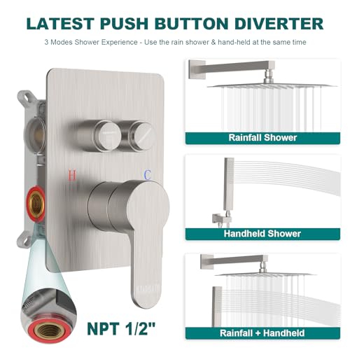 Rainfall Shower System, STARBATH 12 inch Wall Mounted Rain Shower Head with Handheld Spray, Push Button Diverter 2 Functions Simultaneous Use, Shower Faucet Set Rough-In Valve Includ, Brushed Nickel - color: Brushed Nickel, size: 12+12 inch-20