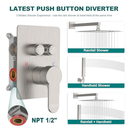Rainfall Shower System, STARBATH 12 inch Wall Mounted Rain Shower Head with Handheld Spray, Push Button Diverter 2 Functions Simultaneous Use, Shower Faucet Set Rough-In Valve Includ, Brushed Nickel - color: Brushed Nickel, size: 12+12 inch-20