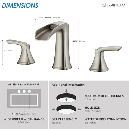 Brushed Nickel Waterfall Bathroom Faucet, Sanliv 3-Piece Widespread Bathroom Sink Faucets, 2-Handle Vanity Faucet for 3-Hole Sinks 4-8 Inch with Pop-Up Drain, Brushed Nickel - color: Brushed Nickel