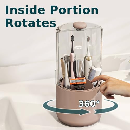 YOOLENS Toothbrush Holder with Cover 360 Rotating 4 Compartments Bathroom Toothpaste Electric Toothbrush Organizer, Pink - color: Pink