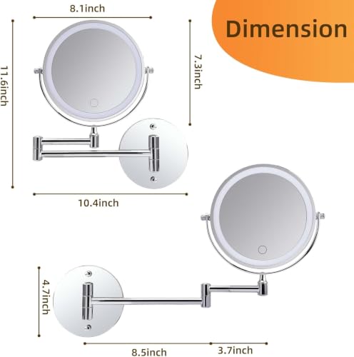 Wall Mounted Makeup Mirror with Lights, 8" Rechargeable 1X/10X Magnifying Mirror, 360° Swivel Extendable Arm, 3 Color LED (1, Chrome) - color: Chrome