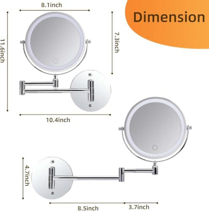 Wall Mounted Makeup Mirror with Lights, 8" Rechargeable 1X/10X Magnifying Mirror, 360° Swivel Extendable Arm, 3 Color LED (1, Chrome) - color: Chrome