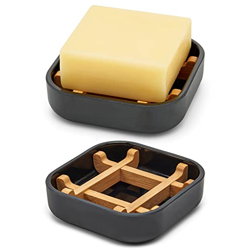 Bamboo Soap Dishes for Bar Soap Holders for Shower for Bathroom Sink Bulk Small Wooden Soap Tray Jabonera Pretty Neat Ventilated Soap Dish Disj Disk, Detachable (Single Rounded Black) - color: Single Rounded Black