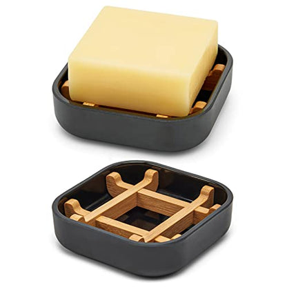 Bamboo Soap Dishes for Bar Soap Holders for Shower for Bathroom Sink Bulk Small Wooden Soap Tray Jabonera Pretty Neat Ventilated Soap Dish Disj Disk, Detachable (Single Rounded Black) - color: Single Rounded Black