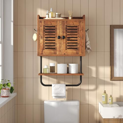 HOOBRO Bathroom Wall Cabinet, Double Doors Medicine Cabinet with Towel Bar, Adjustable Shelf, 2 Hooks, Over The Toilet Storage Cabinet, for Bedroom, Kitchen, Rustic Brown BF46CW01 - color: Rustic Brown + Black