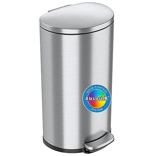 iTouchless SoftStep 8 Gallon Trash Can with Odor Filter & Removable Inner Bucket, Stainless Steel, 30 Liter Semi-Round Step Pedal Garbage Bin for Kitchen, Bathroom, Home, Office, Quiet Lid Close - color: Silver, 8 Gal Step