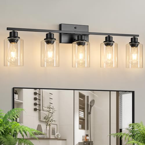 Ascher Bathroom Light Fixtures, 5-Light Vanity Light Over Mirror, Matte Black Wall Sconces with Clear Glass Shades, Wall Lamp for Living Room Bedroom, E26 Base(Bulbs Not Included) - color: Black & Clear Glass, size: 5-Light