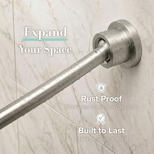 Gatco 827SN Modern Minimalist Curved Shower Rod Set, 42"-72", Satin Nickel | Wall Mount Adjustable Length Stainless Steel Shower Curtain Rod | Expands Shower Space Up To 8 Inches - color: Satin Nickel