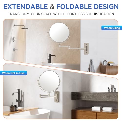 Auxmir 8" Double-Sided Wall-Mounted Makeup Mirror, 1X/30X Magnifying Mirror | stainless steel, 13-inch extendable swivel arm, 360°shaving rotation, bathroom makeup mirror, tweezers, Nickel - color: Nickel-1x/30x
