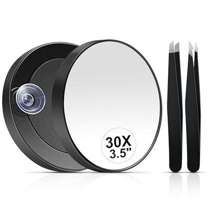 MIYADIVA 30X Magnifying Mirror, Small Travel Mirror with Suction Cup and Tweezers, 3.5 Inches - color: Black-30x