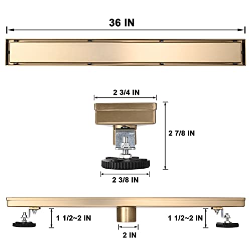 AVSIILE Linear Shower Floor Drain, Brushed Gold 36 Inch 304 Stainless Steel Bathroom Drains Kit, Rectangular Shower Trench Drain with Reversable Tile-in Pattern Drain Cover & Hair Catcher - color: Brushed Gold, size: 36 Inch