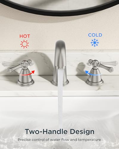 FORIOUS Bathroom Faucet 3 Hole Widespread 8" Sink Faucets Brushed Nickel | 3-hole 6-12 Inch Widespread Sink, 2 Lever Handle, with Drain and Hoses,for Vanity Rv Commercial Lavatory Restroom Farmhouse - color: Stainless Steel, style: Classic