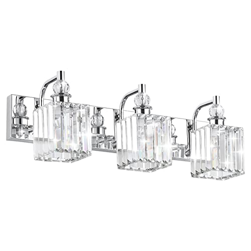 Ralbay Modern Crystal Vanity Light 3 Light 24''Bathroom Lights Fixtures Over Mirror Chrome Vanity Light for Bathroom Wall Lighting - color: Square-Chrome, size: 24 inch