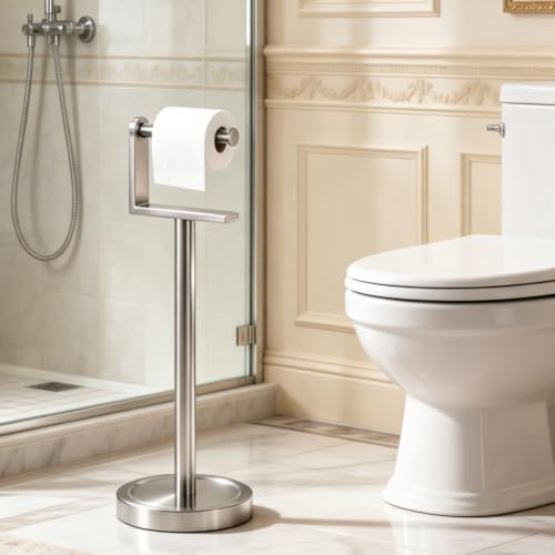 Heavy Duty Toilet Paper Holder Stand, Stable Weighted Base Toilet Paper Holder Free Standing, Stainless Steel Bathroom Free Standing Toilet Paper Roll Holder, Silver Tissue Rack - color: Silver