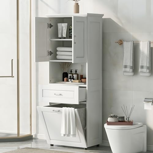 JIVOIT 70" H Tall Bathroom Cabinet with Laundry Basket, Double Storage Cabinets with Doors and Open Space, Tilt-Out Laundry Hamper and Upper Storage - color: White * 102