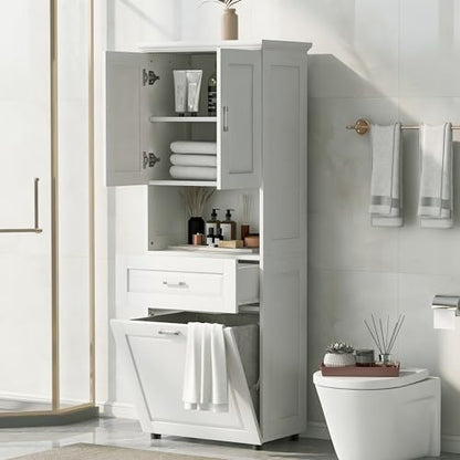 JIVOIT 70" H Tall Bathroom Cabinet with Laundry Basket, Double Storage Cabinets with Doors and Open Space, Tilt-Out Laundry Hamper and Upper Storage - color: White * 102