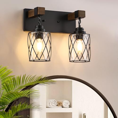 Bathroom Light Fixtures,Farmhouse Black Metal with Glass Shade | 2 Light Rustic Vanity Lights, Wood Accent Wire Cage Design, Mounts Over Mirror, Ideal for Bedroom & Hallway,Easy to Install - size: 2-Light