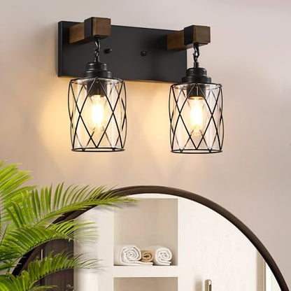 Bathroom Light Fixtures,Farmhouse Black Metal with Glass Shade | 2 Light Rustic Vanity Lights, Wood Accent Wire Cage Design, Mounts Over Mirror, Ideal for Bedroom & Hallway,Easy to Install - size: 2-Light