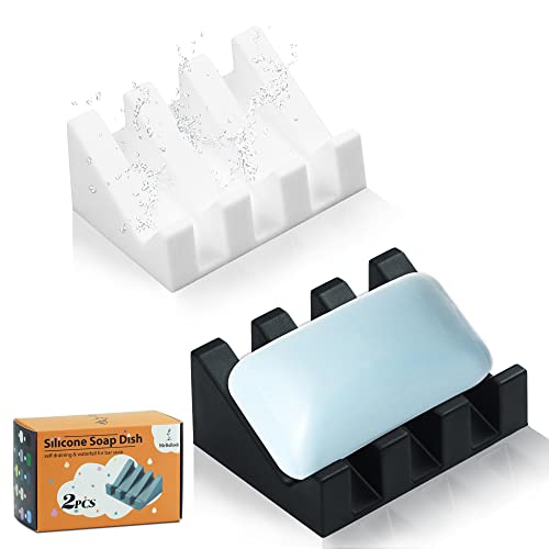 Self Draining Silicone Soap Dish Holder Waterfall Tray, 2 Pack Black White | Waterfall design drains fast to keep soap dry, non-slip silicone base anti slide, soap saver for bathroom & kitchen - color: White-black, size: 2
