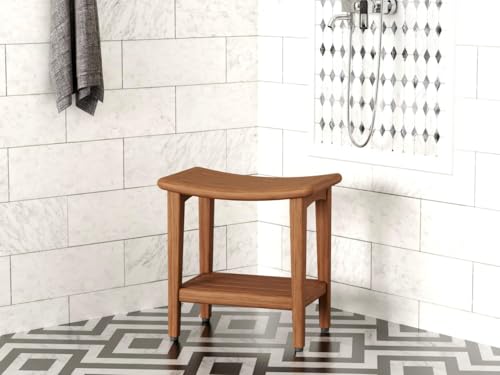 AquaTeak 18" Sumba-Bjon Slatted Teak Shower Bench with Shelf | Durable, Water-Resistant Teak, Shower Chair & Shaving Foot Rest, Indoor/Outdoor Use