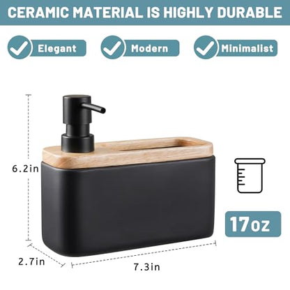 RQYIXI 2-in-1 Ceramic Soap Dispenser with Sponge Holder, Black, 17 Oz | natural acacia wood accent rectangular modern kitchen sink organizer caddy pump countertop farmhouse - color: White Wax Wood Square