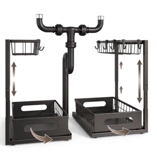 Height Adjustable 2-Tier Under Sink Organizer with 3 Hooks – Kitchen Sink Cabinet Storage Rack, Expandable Sink Caddy for Kitchen, Bathroom & Pantry - color: Black