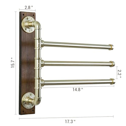 MyGift Swivel Towel Rack, Wood Towel Bar Holder with 3 Tier Industrial Metal Pipe, Wall Mount Towel Hanger Storage for Bathroom, Kitchen, Pool Outdoor (Brass) - color: Brass Tone