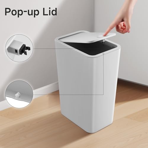 TIPGO Bathroom Trash Can with Lid, 4 Gallon / 15 Liter Small Garbage Can, Press Top Bin, Plastic Wastebasket with Pop-Up Lid for Bedroom, Living Room, Office (Grey) - color: Grey, 1 Pack