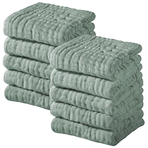 Yoofoss Muslin Baby Washcloths 100% Organic Cotton Face Towels 10 Pack Wash Cloths for Baby 12x12in Soft and Absorbent Baby Wipes (Dark Green) - color: Dark Green, size: 10 Pack