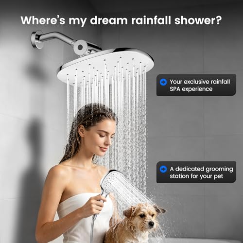 10" Rain Shower Head with Handheld Spray, Dual High Pressure Showerhead | Rainfall Shower Heads Combo with Multi Spray, Detachable Hand Showerhead Set with 71 Inch Shower Hose & Extra Holder - color: Chrome White